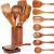 9 Piece Natural Teak Wooden Kitchen Utensil Set with Spoon Rest – Comfort Grip Cooking Spoons and Utensils Holder